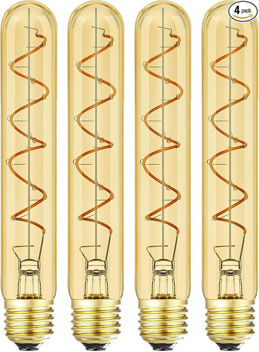 T10 Vintage LED Edison Light Bulbs 60 Watt, 4-Pack Dimmable T30 6W2200K Amber Warm Light Bulbs, E26 Base, 6W LED Equal 60 Watt Incandescent Bulbs,Decorative Antique Spiral Long Bulb,7.3inch