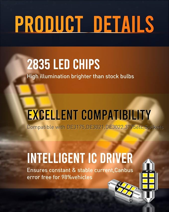 LUYED DE3175 LED Bulb Xenon White CANBUS Error Free 1.25 inches DE3021 DE3022 3175 LED Bulbs Used For Interior Map Dome License Plate Courtesy Lights,Pack of 5