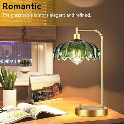 Glass Table Lamp Set of 2,Small Gold Bedside Lamps Dimmable Boho Bedroom Lamp with Tulip Flower Green Lamp Shade,Vintage Mid Century Modern Mini Nightstand Lamp for Bedroom Living Room