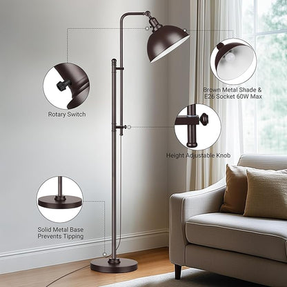PARTPHONER Industrial Floor Lamp Adjustable, Rustic Farmhouse Reading Lamp in Aged Brown Finish Modern Standing Lamp with Remote Control Metal Shade for Living Room Bedroom Study Room Office Hotel