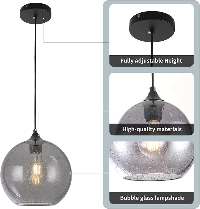 Grey Glass Pendant Lights Kitchen Island Lighting Modern Globe Pendant Light Fixtures Modern Pendant Lights for Kitchen Island Bedroom Living Dining Room Light Fixture-7.8inch