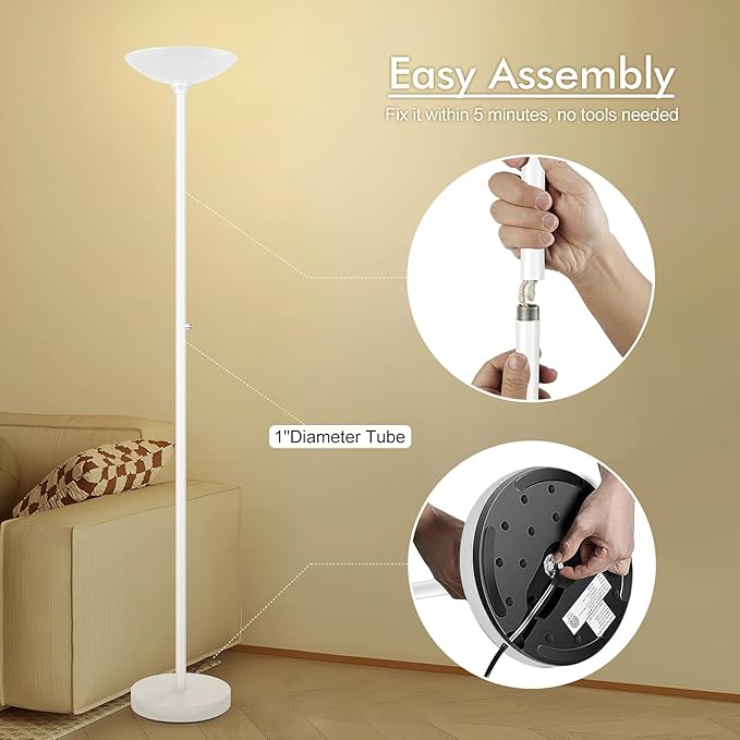 30W Torchiere Floor Lamp - 3600LM Super Bright LED Floor Lamp, 71 Inch Stepless Dimmable Standing Lamp with 3000K Lighting, Rotary Switch, Tall Metal Torch Floor lamps for Living Room/Bedroom (White)