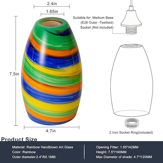 Glass Pendant Lamp Shade 4.72" Rainbow Art Glass chandeliers Cover Mini Oval Light Shade Replacement Shade Only Light Fixtures for Kitchen Island Dining Room,Living,Foyer,Hallway, Entry 1-Pack