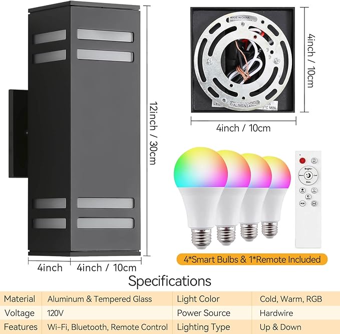 Outdoor Smart Wall Lights 2 Pack, Aluminum Exterior Lighting Fixtures Dusk to Dawn Color Changing Outdoor Lights with Matte Black Finish for Outside Decor, DIY Lighting Effects