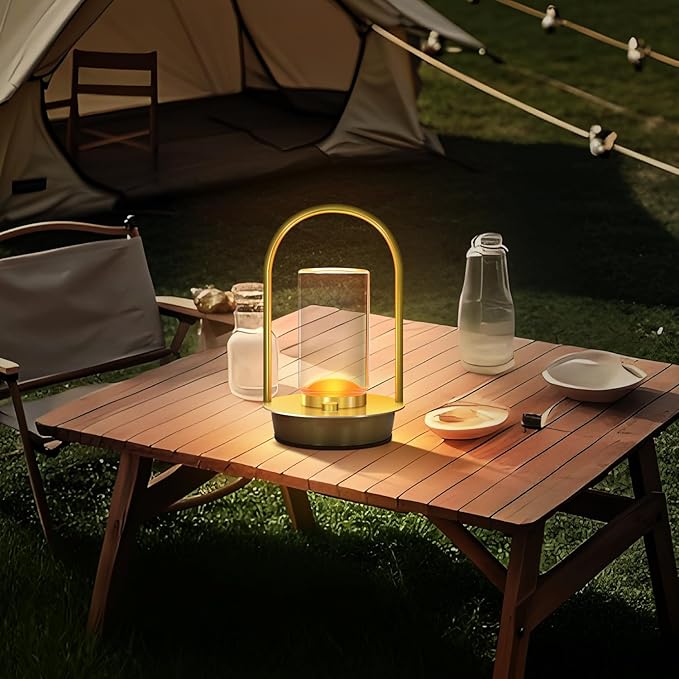 Portable Metal Table Lamp for Outdoor Indoor 3 Colors Cordless Table Lamp Rechargeable Dimmable Battery Powered Small Desk Lamps Crystal Lantern Lamps for Patio Bedroom Restaurant Bar Camping(Gold)