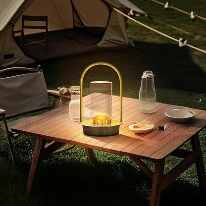 Portable Metal Table Lamp for Outdoor Indoor 3 Colors Cordless Table Lamp Rechargeable Dimmable Battery Powered Small Desk Lamps Crystal Lantern Lamps for Patio Bedroom Restaurant Bar Camping(Gold)