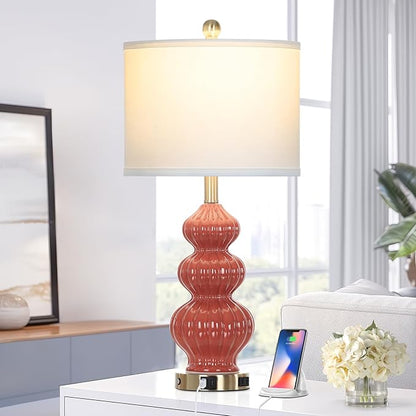 26" Triple Gourd Ceramic Table Lamps Set of 2,Modern Orange Bedside Lamps USB A+C Ports & AC Outlet -Ceramic Nightstand Lamps for Bedroom, 3 Way Touch Control Contemporary Living Room End Tables