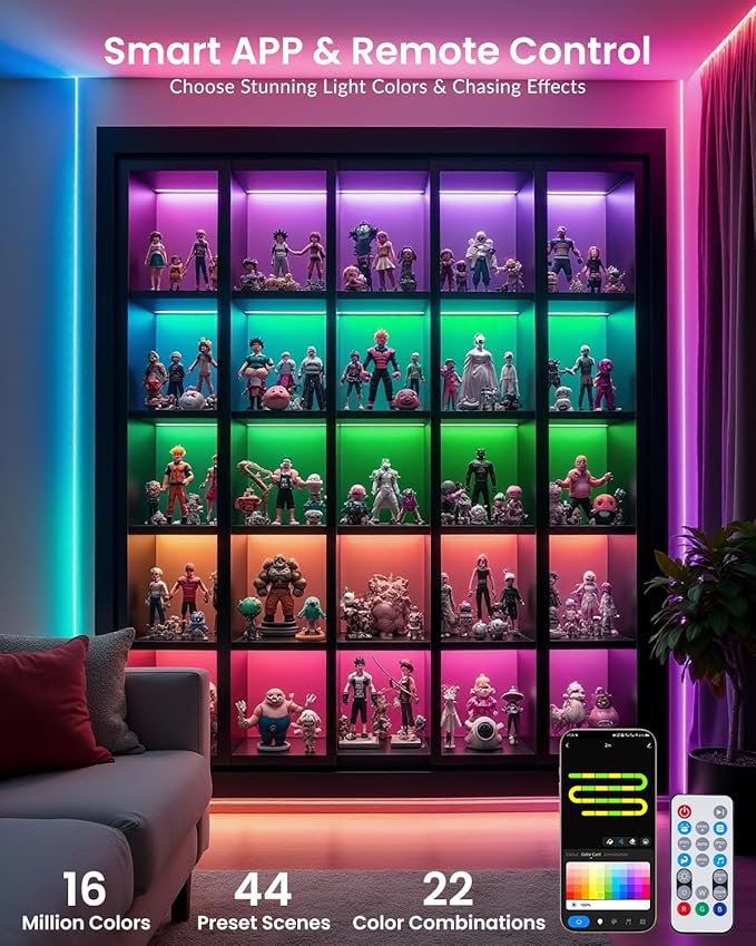 Pak LED Strip Lights 104ft(2x52ft), RGBIC Color Changing Smart Lights with App, Remote & Voice Control, Music Sync, 64 Scenes, Flexible, DIY Cuttable, Easy Installation for Bedroom, TV, Gaming, Party