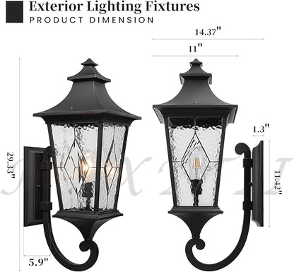 Outdoor Wall Lanterns Exterior Waterproof Wall Sconce Light Fixture 29.3 Inch Large Outdoor Porch Light with Water Ripple Glas for Garage Patio and Doorway Black Finish