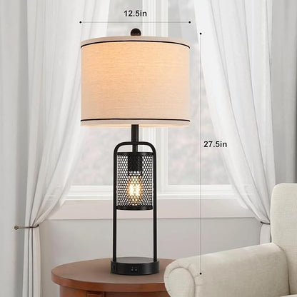Lamps for Living Room Lamp Set 2 Bedroom Lamps Modern Metal Industrial Design Night Light with USB Port,Linen Lampshade,Bulb,Black