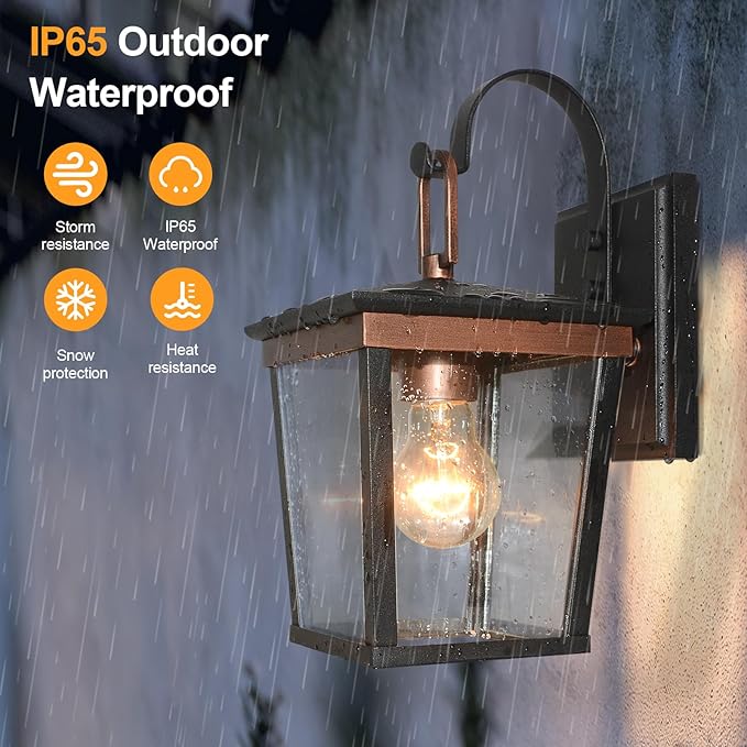 ALVIME Outdoor Wall Light Fixtures, 11 Inch 2 Pack Copper Waterproof Outdoor Sconce Lights, Exterior Wall Lanterns, Porch Outside Lighting for Entryway, Backyard, Patio, E26 Base, Clear Seeded Glass