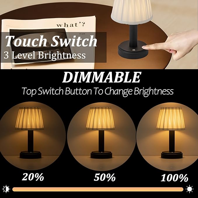 11 Inch Modern Type-C Rechargeable Cordless LED Table Lamp Industrial Dimmable Touch Mini Desk Lamp in Matte Black with Fabric Shade for Bedroom Living Room