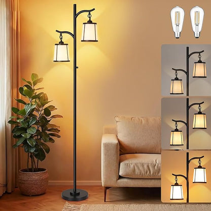 9MMML Farmhouse Floor Lamp for Living Room, 67'' Tall Floor Lamp with 2 Hanging Smooth Faux Leather Lamp Shade, Vintage Black Dimmable Standing Lamp for Bedroom, 2 x 800LM LED Bulbs Included