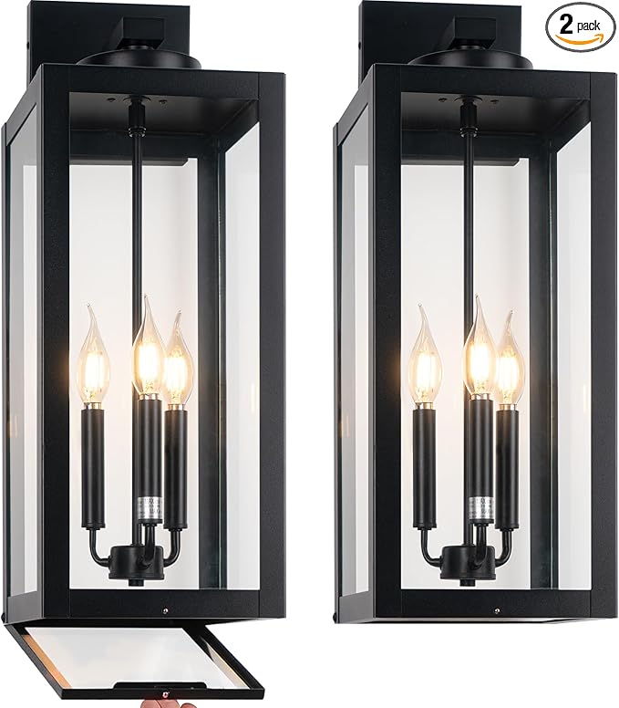 24" Extra Large Fully Enclosed Outdoor Light Fixture 3-Light, Black Outdoor Porch Lantern Wall Mounted, Waterproof Modern Outside Wall Sconce Coach Lamp for House, E12, 2 Packs
