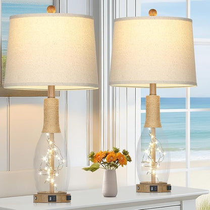 28" Coastal Table Lamps for Bedroom Set of 2, Farmhouse Glass Lamps with 3-Way Dimmable Touch Control Fairy Lights & Type-C Charging for Living Room Nightstand, Beach Nautical Bedside Lamp Rustic Wood