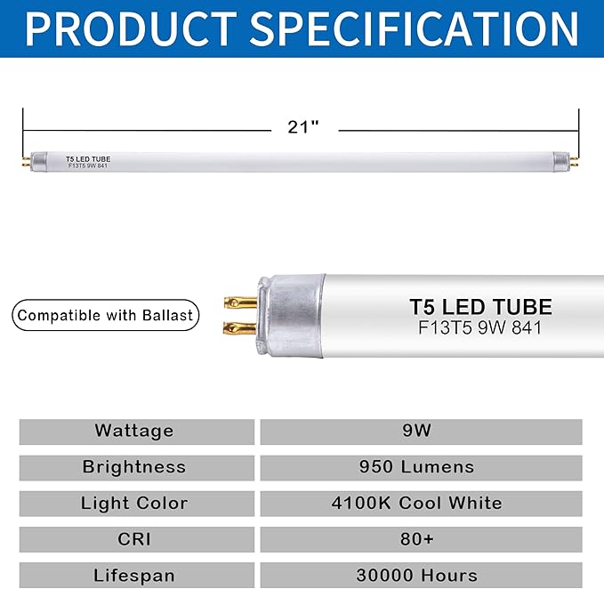 8 Pack 21 Inch F13T5/CW LED Replacement Bulbs, 4100K Cool White, T5 LED 9 Watts Replace Fluorescent Bulb with LED, Replacement Tube for Counter and Cabinet Fixture
