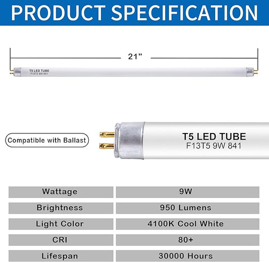 8 Pack 21 Inch F13T5/CW LED Replacement Bulbs, 4100K Cool White, T5 LED 9 Watts Replace Fluorescent Bulb with LED, Replacement Tube for Counter and Cabinet Fixture
