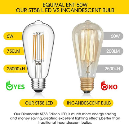 Vintage LED Edison Bulbs 6W, Equivalent 60W Incandescent, Warm White 2700K, ST58 Antique LED Filament Bulbs with 90+ CRI, E26 Medium Base,Dimmable, Clear Glass, Pack of 6