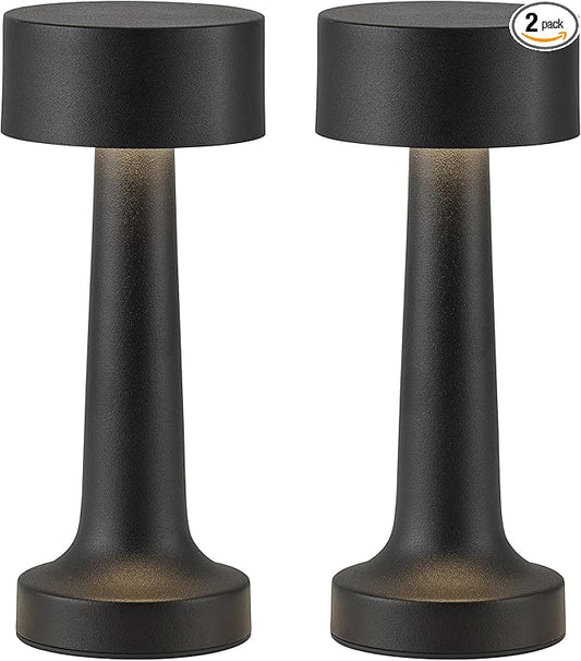 PUSU Cordless LED Black Small Table Lamps Set of 2, Portable Rechargeable 4000mAh Battery Operated Desk Lamp, 3 Color Stepless Dimming for Kids, Restaurant, Bedside, Outdoor, Bar, Night Light, Gift