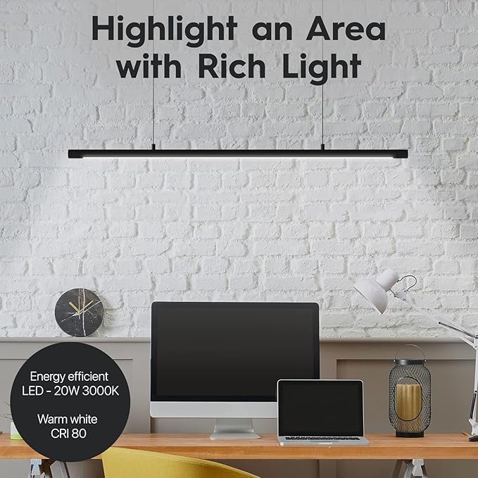 LED Linear Pendant Light, Office Light, Flicker-Free, Dimmable, Modern Ceiling Lighting for Bedroom Dining Room Table, 20W 5000K Cold Light 47.2" Black