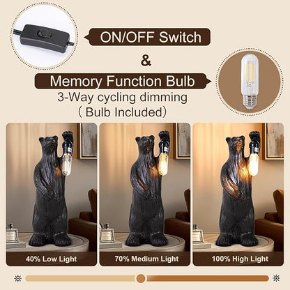Scenekoy Bear Table Lamp for Living Room Bedroom, Memory Function, 3 Way Cycling Dimming, Resin Gothic Style Bedside Nightstand Lamps, Rustic Night Light Home Room Decor (Bulb Included)