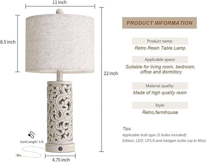 OYEARS Bedside Table Lamps Set of 2 with USB & Night Light, 22'' Farmhouse Bedroom Lamps for Nightstand, Vintage Table Lamps for Bedroom Living Room Home Offce (Bulb Included)