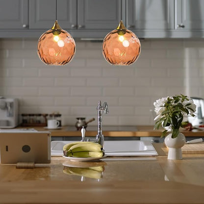 7.8 Inches Orange Glass Globe Pendant Lights Fixtures E26 Modern Farmhouse Glass Ball Pendant Lighting with Gold Brass Finish (Orange)