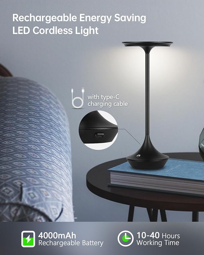 Rechargeable Cordless Table Lamps, Portable 4000mAh Battery Table Lights, 3 Color Stepless Dimming LED Wireless Desk Light with Memory Function for Outdoor/Dinner/Bar/Restaurant/Camping