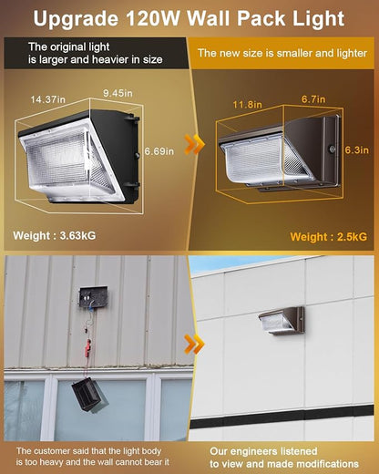 ledmo LED Wall Pack Light Size Update Dusk to Dawn Lighting 120W Outdoor Security Flood Lighting 5000K Commercial and Industrial Fixture for Buildings,Warehouses, Parking Lots,Yard