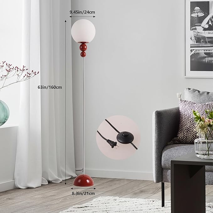 Modern Glass Floor Lamp for Bedroom, 63'' Vintage Mid-Century Floor Lamp with Milky White Frosted Glass Globe Shade for Living Room Corner, Slim Standing Reading Lamp for Office Decor (Dark Red)