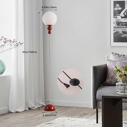 Modern Glass Floor Lamp for Bedroom, 63'' Vintage Mid-Century Floor Lamp with Milky White Frosted Glass Globe Shade for Living Room Corner, Slim Standing Reading Lamp for Office Decor (Dark Red)