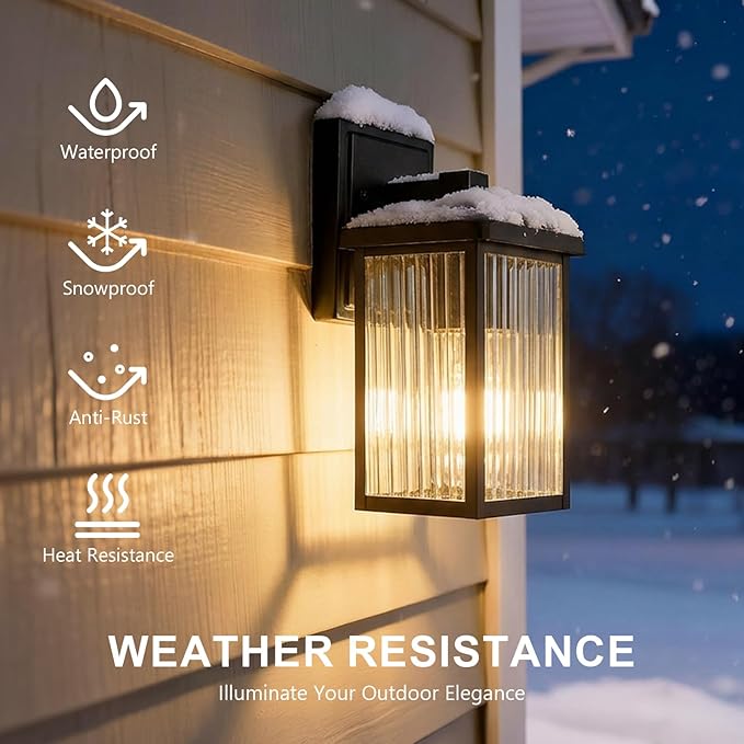 Refice 2-Pack Outdoor Wall Light Fixtures,Waterproof Outdoor Wall Lantern,Wall Mount Exterior Porch Lights, Textured Glass Outside Lights for Patio, Garage, Doorway, Front Door, Black