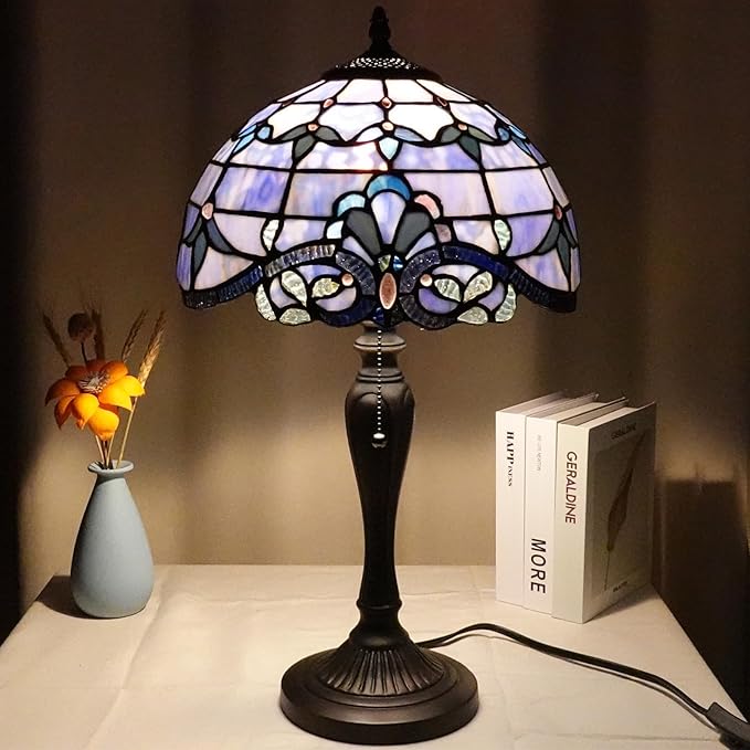 TL0015 Blue Baroque Tiffany Table Lamp Stained Glass Reading Desk Light 12 X 21.5 Inches for Bedroom Living Room, Handcrafted Artwork for Home Office, LED Bulb Included (Blue Baroque)