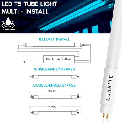 LUXRITE 4FT T5 LED Tube Lights, Type A+B, 24W=54W, 3500K Natural White, 45.78", Ballast and Ballast Bypass Compatible, Single or Double End Powered, F54T5 Fluorescent Replacement, Damp Rated (4 Pack)