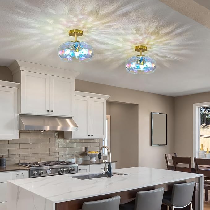 Vintage Glass Flush Mount Ceiling Light - 12 Inch Rainbow Hammered Glass Hallway Light fixtures Ceiling, Gold Semi Flush Mount Ceiling Light,Mid Century Light Fixture for Bedroom Entryway Kitchen