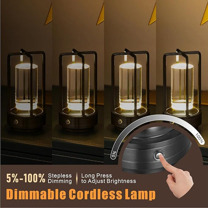 Rechargeable Table Lamp Cordless, 3 Color | Crystal | Stepless Dimming, for Dining Room, Living Room, Bar, Cafe, Restaurant, Patio, Camping, (Black)