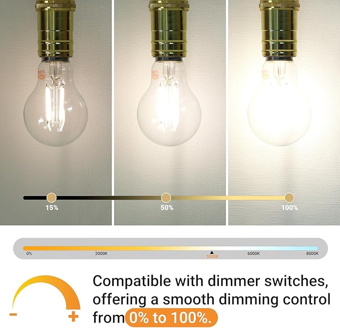 A19 E26 Base Dimmable Edison LED Bulb, 4W(40 Watt Equivalent) Stepless Dimming Light Bulbs 400lm, 5000K Daylight White, Vintage Clear Glass LED Filament Bulb for Home, Wall Sconce, Chandelier, 6 Pack