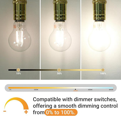 A19 E26 Base Dimmable Edison LED Bulb, 4W(40 Watt Equivalent) Stepless Dimming Light Bulbs 400lm, 5000K Daylight White, Vintage Clear Glass LED Filament Bulb for Home, Wall Sconce, Chandelier, 6 Pack
