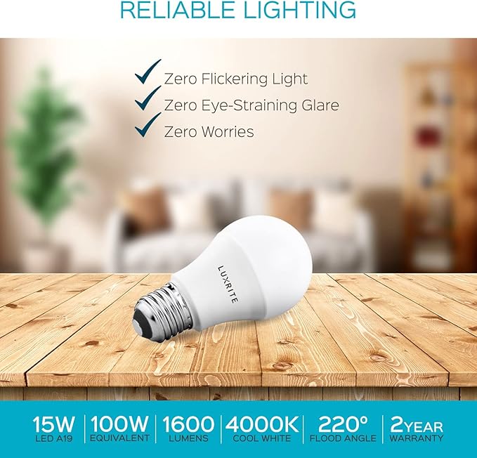 LUXRITE A19 LED Light Bulb 100W Equivalent, 4000K Cool White Non-Dimmable, 1600 Lumens, Standard LED Bulb 15W, E26 Medium Base, UL Listed, Perfect for Table Lamps and Home Lighting (6 Pack)