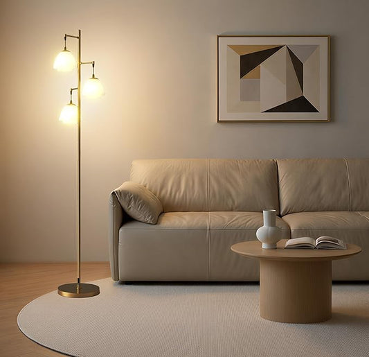 Fiqevs Flower Floor Lamp for Living Room, Mid Century Gold Floor Lamp with 3 Floral Shades and Bulbs Included, Elegant Standing Tree Lamp for Kids Room, Bedroom Office - Antique Brass