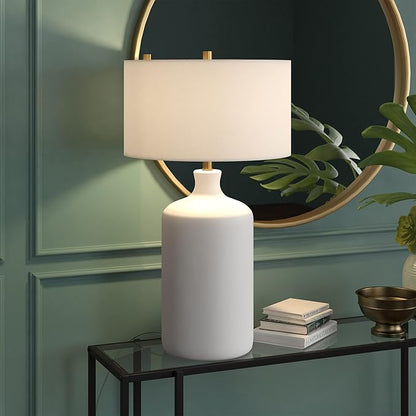 Henn&Hart 29'' Transitional 1-Light Table Lamp with White Fabric Drum Shade for Living Room, Bedroom, or Office, Matte White