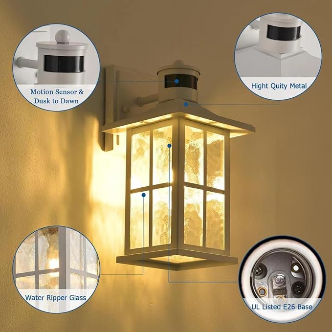 2 Pack Motion Sensor Porch Lights Dusk to Dawn Outdoor Wall Lantern White Exterior Sconce Lighting Fixtures Waterproof Outside Garage Lamp Wall Mount for House Patio Front Door