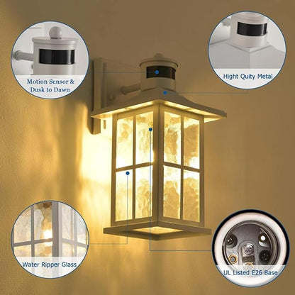 2 Pack Motion Sensor Porch Lights Dusk to Dawn Outdoor Wall Lantern White Exterior Sconce Lighting Fixtures Waterproof Outside Garage Lamp Wall Mount for House Patio Front Door