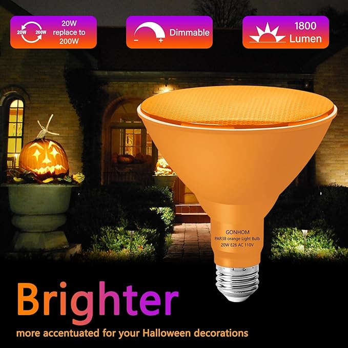 PAR38 Flood Lights Outdoor,Dimmable LED Flood Light Bulbs,20W(Equivalent to 200W),E26 Base,Outdoor Porch,Holiday Lighting,LED Flood Light Bulb for Halloween,Christmas,2 Pack Orange