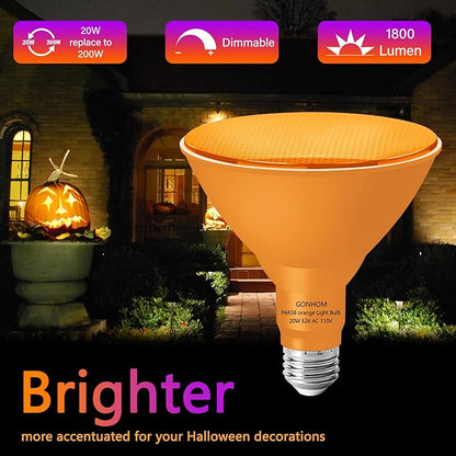 PAR38 Flood Lights Outdoor,Dimmable LED Flood Light Bulbs,20W(Equivalent to 200W),E26 Base,Outdoor Porch,Holiday Lighting,LED Flood Light Bulb for Halloween,Christmas,2 Pack Orange