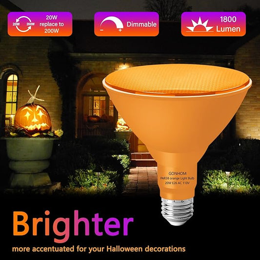 PAR38 Flood Lights Outdoor,Dimmable LED Flood Light Bulbs,20W(Equivalent to 200W),E26 Base,Outdoor Porch,Holiday Lighting,LED Flood Light Bulb for Halloween,Christmas,4 Pack Orange