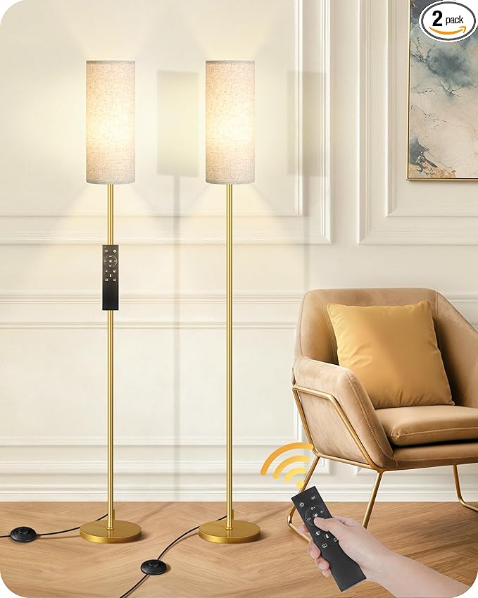 Set of 2 Dimmable Floor Lamps for Living Room with 2 Remotes and Foot Switch, Modern Standing Tall Lamp, Corner Lamp for Bedroom, Bulb Included, 3000K-6500K, Beige and Gold DE06LDP205W1