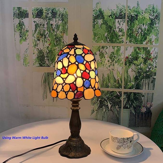 Bieye L10729 Colored Cobblestone Tiffany Style Stained Glass Table Lamp with 6-inch Wide Lampshade, Multi-Colored, 15 inch Tall