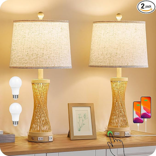24.4” Farmhouse Rattan Table Lamps Set of 2, Touch Bedside Lamps for Bedroom with 3-Way Dimmable Night Light, USB A+C Charging Ports, Bamboo Boho Nightstand Lamp with Beige Linen Shade H04TL05