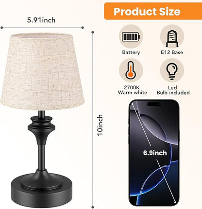 NIORSUN Portables Cordless Table Lamp, 10.2" Battery Operated Lamp, Bedside Table Lamp with Warm White Color,3 Way Dimmable Touch Desk Lamp for Bedroom Living Room Restaurant Black